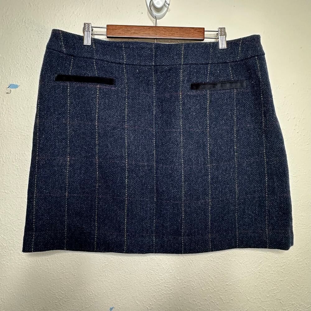 Joules Woman's Size US 14 Tweed Wool Navy Blue Stripped Lined Mini Skirt